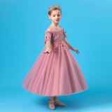 Toddler Girls Embroidery Flower Mesh Short Sleeve Formal Dress Lace Gowns Dress