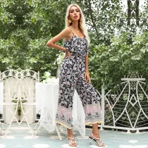 Women Boho Vintage Leaves Printed Wrapped Ruffles Slip Jumpsuit