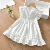 Toddler Girls White Round Colar Flying Sleeve Casual Cotton Dress