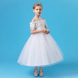 Toddler Girls Embroidery Flower Mesh Short Sleeve Formal Dress Lace Gowns Dress