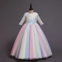 Toddler Girls Embroidery Flowers Rainbow Tutu Bowknot Back Lace Formal Gowns Dress