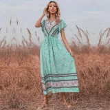 Women Boho Floral Lace Slim Short Sleeve V-Neck Dress