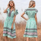 Women Boho Floral Lace Slim Short Sleeve V-Neck Dress