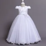Toddler Girls Flower Flying Sleeve Formal Dress Pearls Gowns Dress