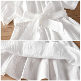 Toddler Girls White Round Collar Short Sleeve Casual Cotton Dress