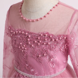 Toddler Girls Embroidery Flower Mesh Long Sleeve Pearls Formal Dress Lace Gowns Dress