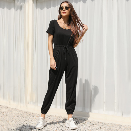 Women Round Neck Solid Color Sport Short Sleeves Jumpsuit