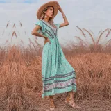 Women Boho Floral Lace Slim Short Sleeve V-Neck Dress