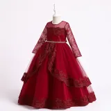 Toddler Girls Embroidery Flower Mesh Long Sleeve Pearls Formal Dress Lace Gowns Dress