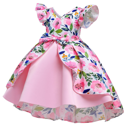 Toddler Girls Flower Formal Dress Flying Sleeve with V-neck Gowns Dress