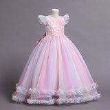 Toddler Girls Embroidery Flowers Flying Sleeve Colorful Formal Cupcake Gowns Long Dress