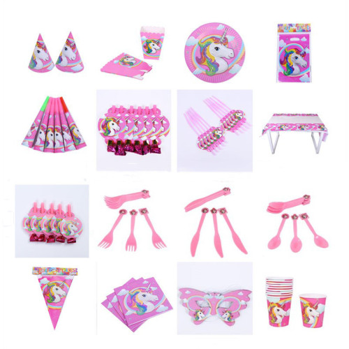 Dream Unicorn Theme Birthday Decoration with Tablecloth Tableware Paper Cup Straw Invitation Card Hat Set