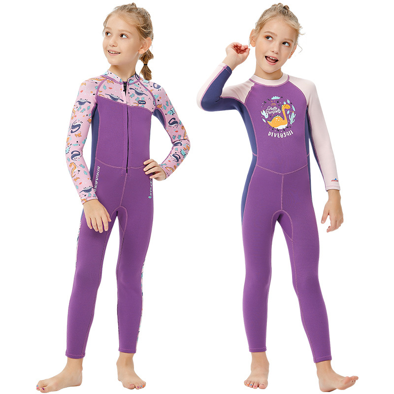 Kid Girls Print Dinosaur Long Sleeve Thickening Diving Suit Swimsuit