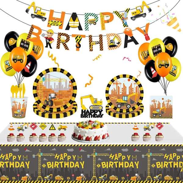 Engineering Vehicle Theme Birthday Decoration with Tablecloth Tableware Tissue Dinner Plate Paper Cup Set
