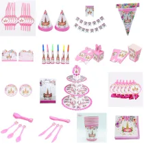 Flowers Unicorn Theme Birthday Decoration with Tablecloth Tableware Tissue Dinner Plate Paper Cup Set