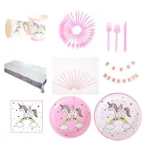 Kids Unicorn Theme Birthday Decoration with Tablecloth Tissue Paper Cup Straw Plate Flag Pulling Set