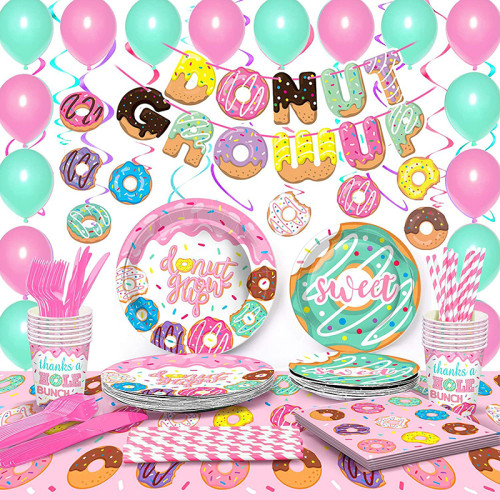 Doughnut Theme Birthday Decoration with Tablecloth Tableware Tissue Dinner Plate Paper Cup Set