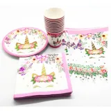 Flowers Unicorn Theme Birthday Decoration with Tablecloth Tableware Tissue Dinner Plate Paper Cup Set
