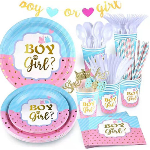 Boy or Girl Theme Baby Birthday Decoration with Tablecloth Tableware Tissue Dinner Plate Paper Cup Set