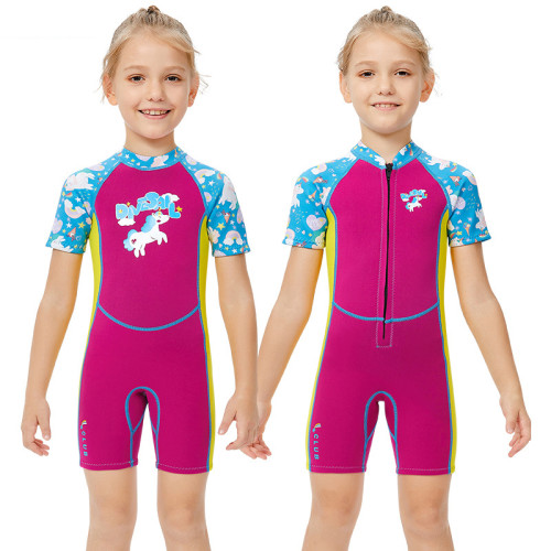 Kid Girls Print Unicorn Short Sleeve Thickening Diving Suit Swimsuit