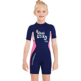 Kid Girls Print Word Lucky Short Sleeve Thickening Diving Suit Swimsuit