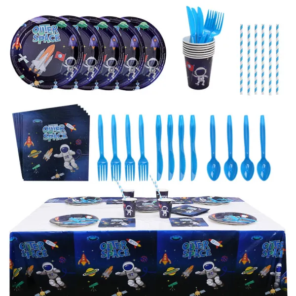 Outer Space Astronauts Theme Birthday Decoration with Tablecloth Tableware Tissue Dinner Plate Paper Cup Set