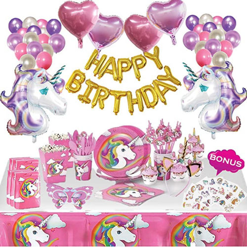 Dream Unicorn Theme Birthday Decoration with Tablecloth Tableware Paper Cup Straw Invitation Card Hat Set