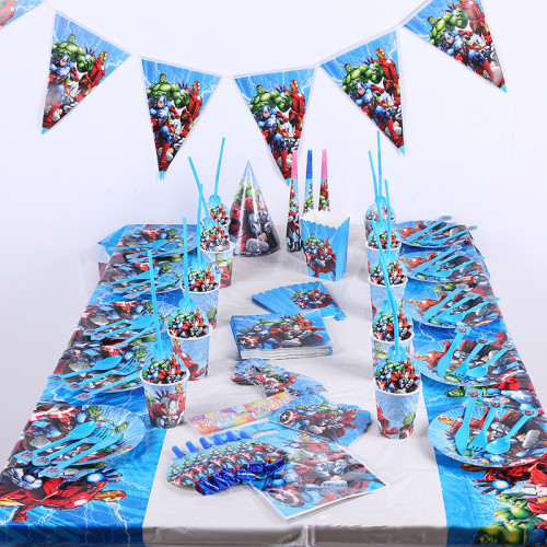 The Avengers Theme Birthday Decoration with Tablecloth Tableware Tissue Dinner Plate Paper Cup Set