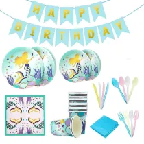 Mermaid Theme Birthday Decoration with Tablecloth Tableware Tissue Dinner Plate Paper Cup Set