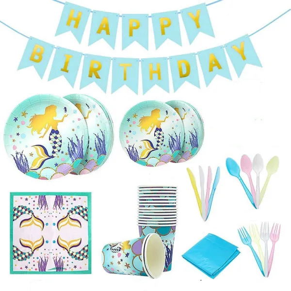 Mermaid Theme Birthday Decoration with Tablecloth Tableware Tissue Dinner Plate Paper Cup Set