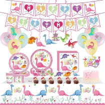 Pink Dinosaur Theme Birthday Decoration with Tablecloth Tableware Tissue Dinner Plate Paper Cup Set