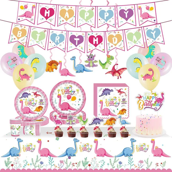 Pink Dinosaur Theme Birthday Decoration with Tablecloth Tableware Tissue Dinner Plate Paper Cup Set