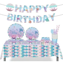 Mermaid Theme Birthday Decoration with Tablecloth Tableware Tissue Dinner Plate Paper Cup Set