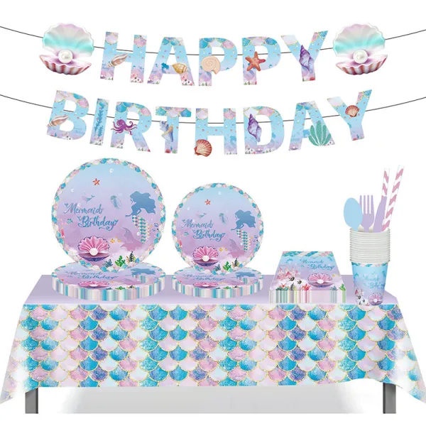 Mermaid Theme Birthday Decoration with Tablecloth Tableware Tissue Dinner Plate Paper Cup Set