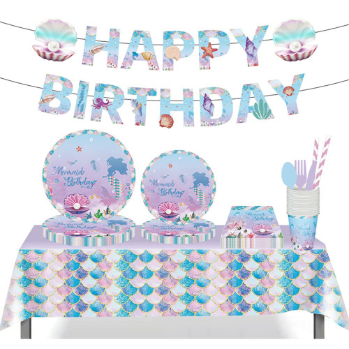 Mermaid Theme Birthday Decoration with Tablecloth Tableware Tissue Dinner Plate Paper Cup Set