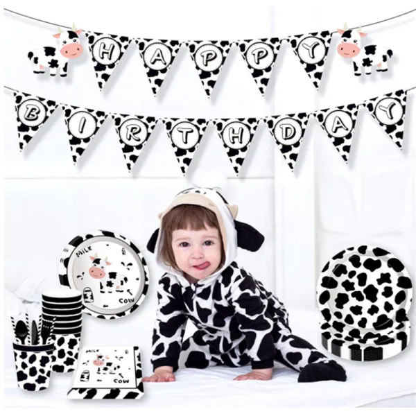 Little Cow Theme Birthday Decoration with Tablecloth Tableware Tissue Dinner Plate Paper Cup Set