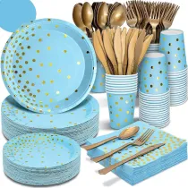 50PCS 10Sets Bronzing Dot Theme Birthday Decoration with Tablecloth Tableware Tissue Dinner Plate Paper Cup Set