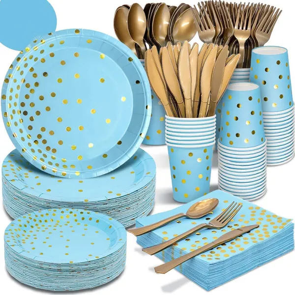 50PCS 10Sets Bronzing Dot Theme Birthday Decoration with Tablecloth Tableware Tissue Dinner Plate Paper Cup Set