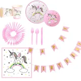 Kids Unicorn Theme Birthday Decoration with Tablecloth Tissue Paper Cup Straw Plate Flag Pulling Set