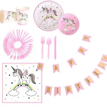 Kids Unicorn Theme Birthday Decoration with Tablecloth Tissue Paper Cup Straw Plate Flag Pulling Set