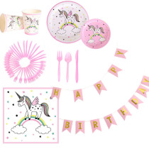 Kids Unicorn Theme Birthday Decoration with Tablecloth Tissue Paper Cup Straw Plate Flag Pulling Set