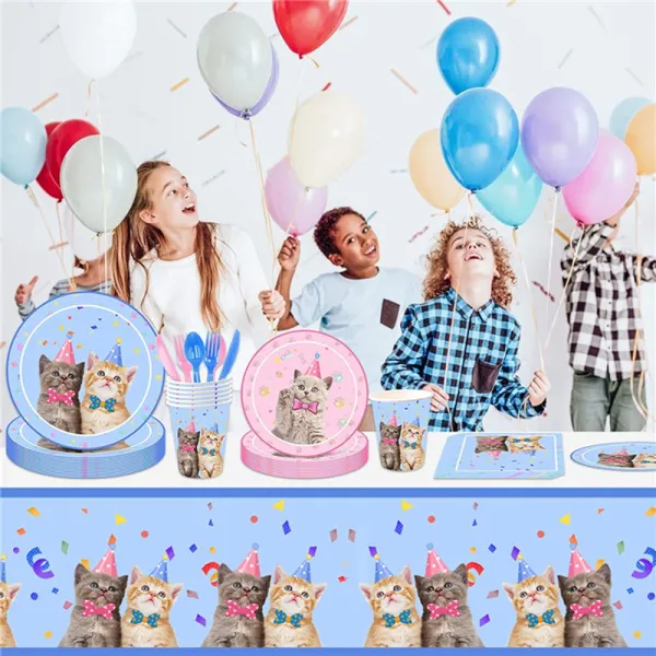 Pet Cat Theme Birthday Decoration with Tablecloth Tableware Tissue Dinner Plate Paper Cup Set