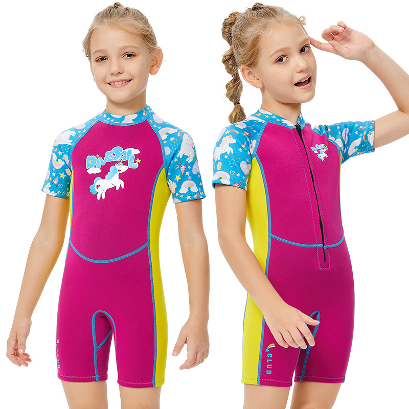 Kid Girls Print Unicorn Short Sleeve Thickening Diving Suit Swimsuit