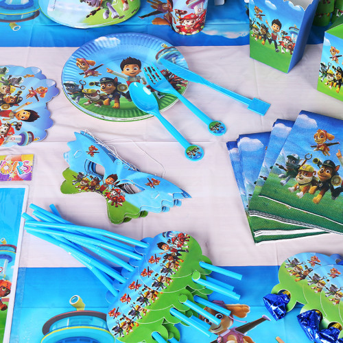 PAW Patrol Theme Birthday Decoration with Tablecloth Tableware Tissue Dinner Plate Paper Cup Set
