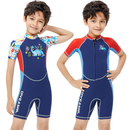 Kid Boys Print Dinosaur Short Sleeve Thickening Diving Suit Swimsuit