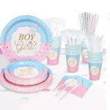 Boy or Girl Theme Baby Birthday Decoration with Tablecloth Tableware Tissue Dinner Plate Paper Cup Set
