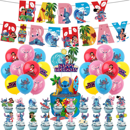 Stitch Theme Birthday Decoration with Tablecloth Tableware Tissue Dinner Plate Paper Cup Set