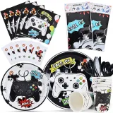 Color Game Handle Theme Birthday Decoration with Tablecloth Tableware Tissue Dinner Plate Paper Cup Set