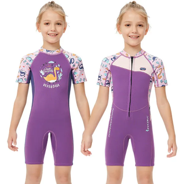 Kid Girls Print Dinosaur Short Sleeve Thickening Diving Suit Swimsuit