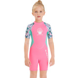 Kid Girls Print Shell Short Sleeve Thickening Diving Suit Swimsuit
